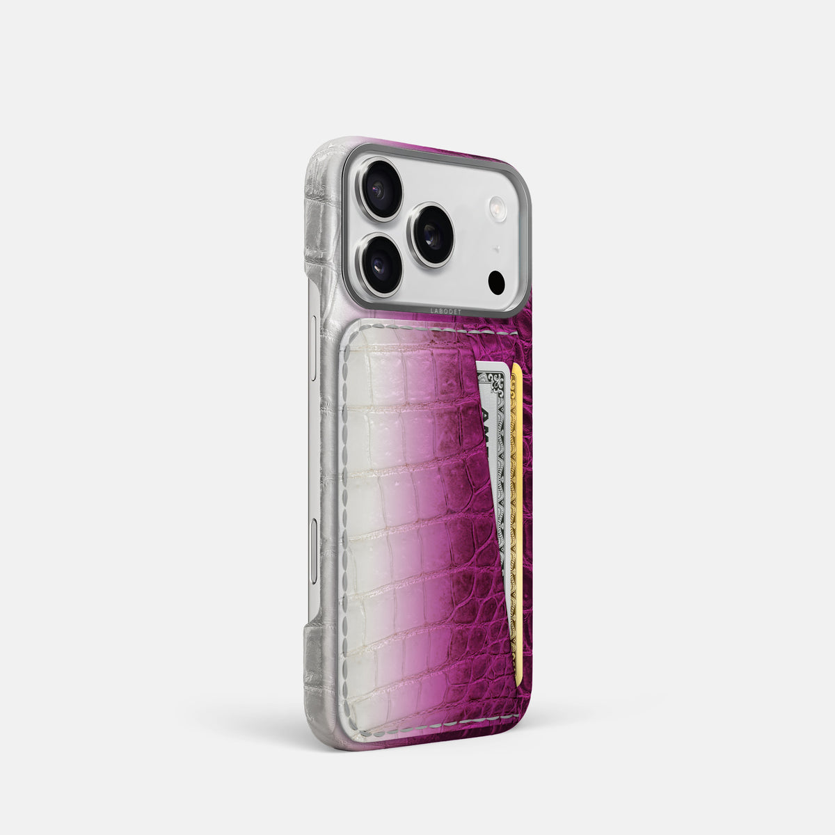 Double Card Case For iPhone 17 Pro In Himalayan Crocodile -2 | Fuchsia-Steel