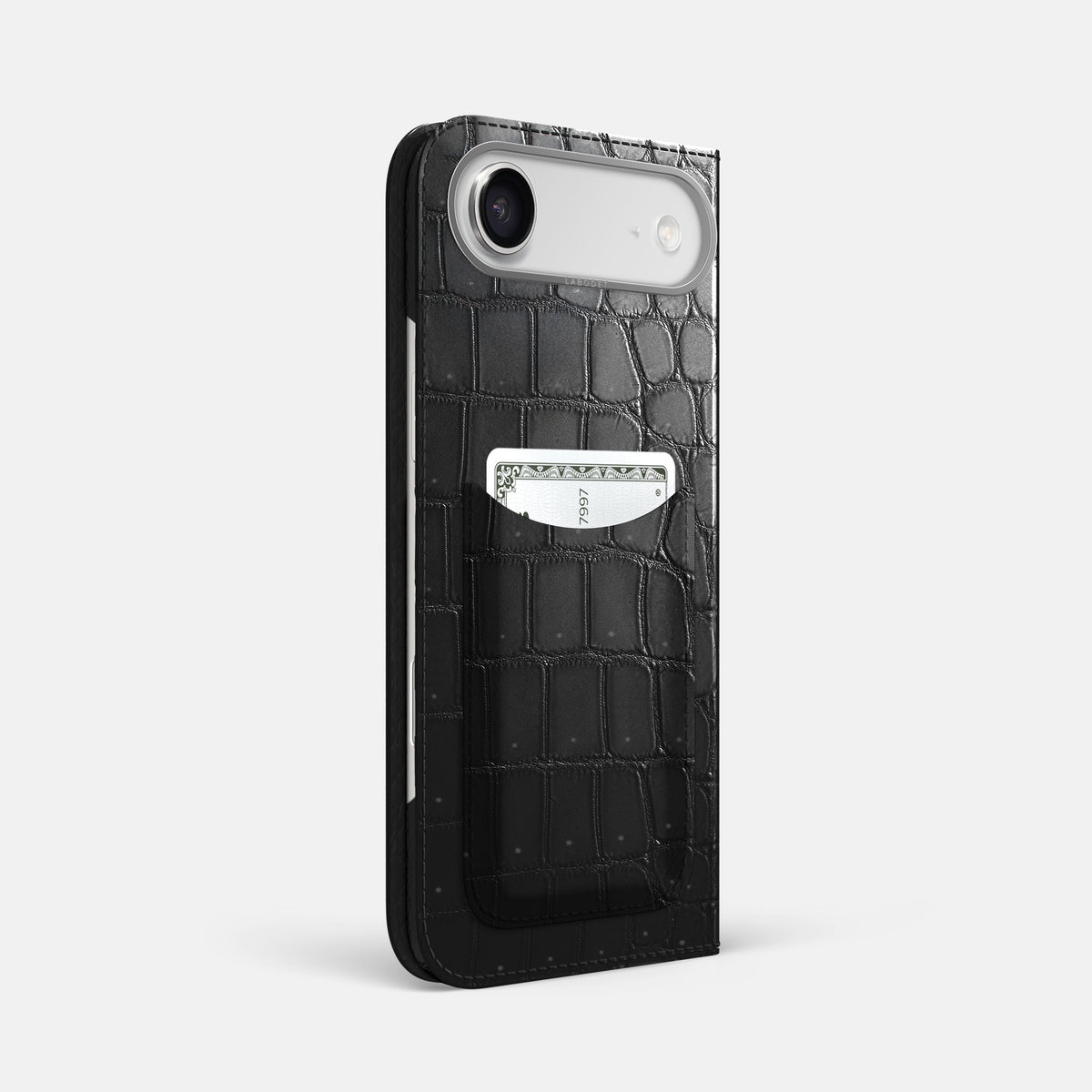 Folio Case with Card For iPhone 17 Air In Porosus Crocodile -1 | Shiny-Black-Steel