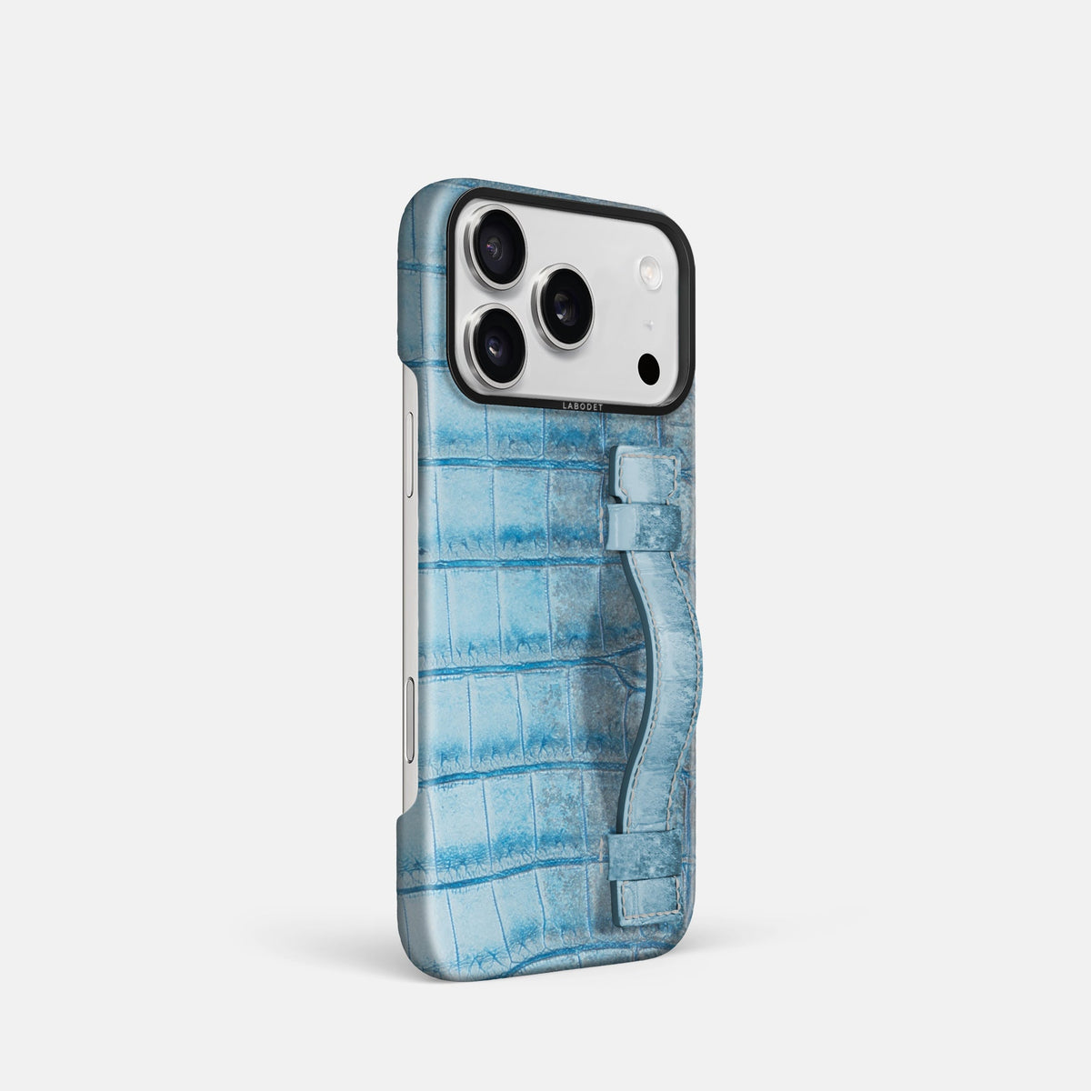 Handle Case For iPhone 18 Pro In Himalayan Crocodile -2 | Ice-Blue-Black