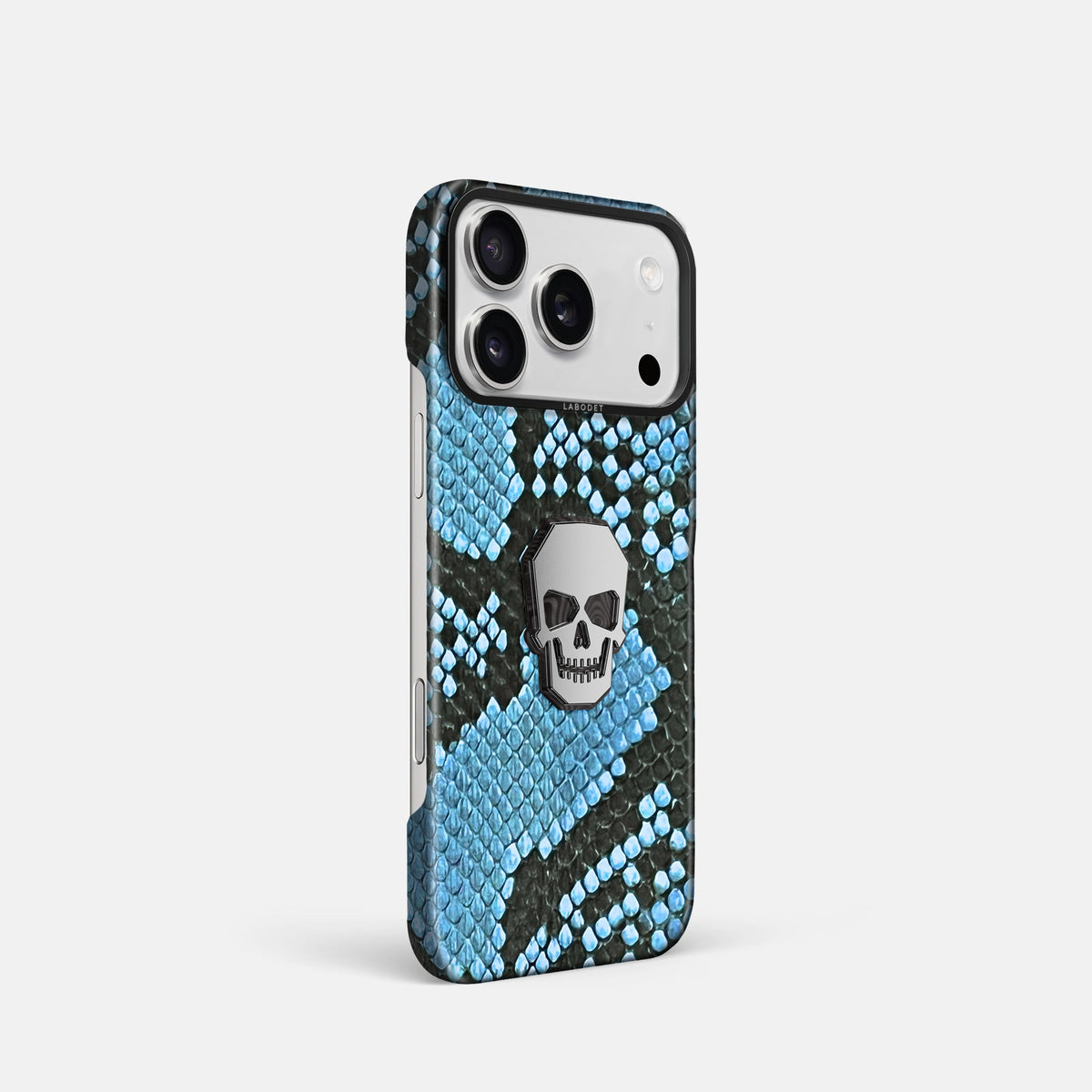 Classic Case With Titanium Skull For iPhone 18 Pro In Deluxe Python -2 | Pacific-Blue-Black