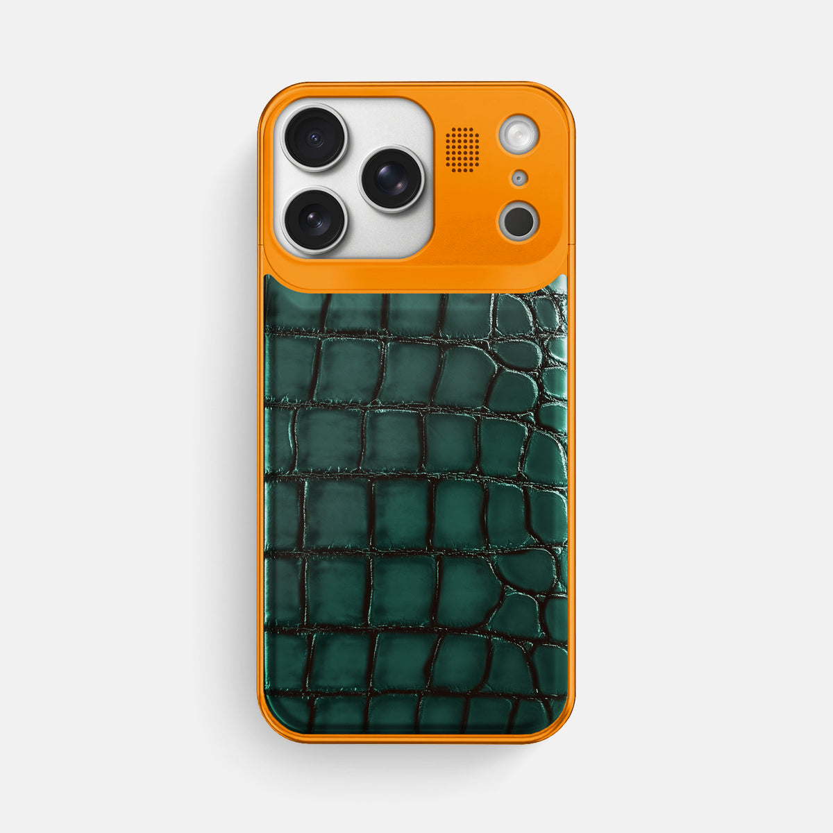Metal Case For iPhone 17 Pro Max In Patina Alligator -1 | Green-Orange