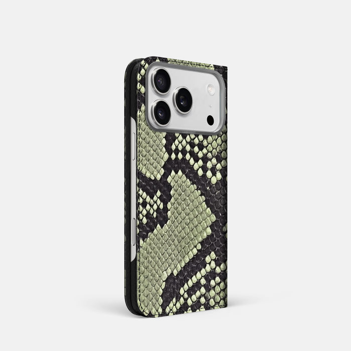 Folio Case For iPhone 17 Pro In Deluxe Python -1 | Army-Green-Steel