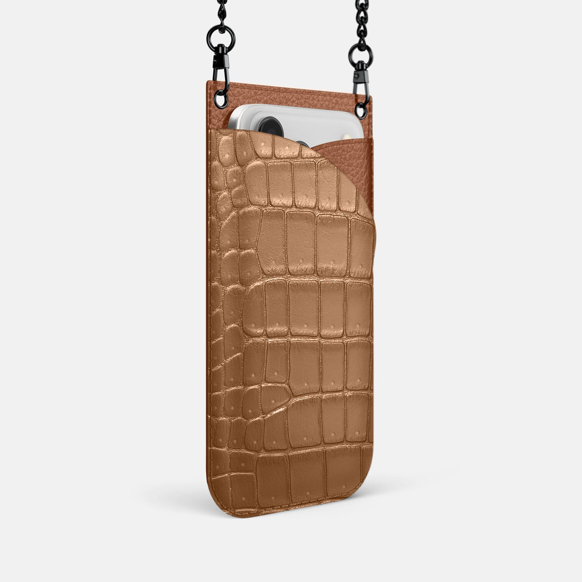 Crossbody Bag For iPhone 18 Pro In Porosus Crocodile -2 | Milk-Chocolate-Black