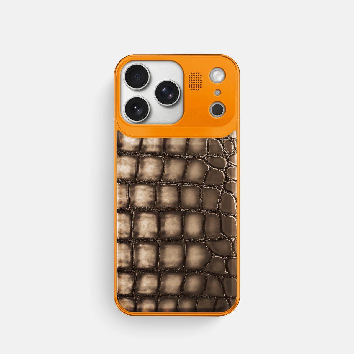 Metal Case For iPhone 17 Pro In Patina Alligator -1 | Etoupe-Orange