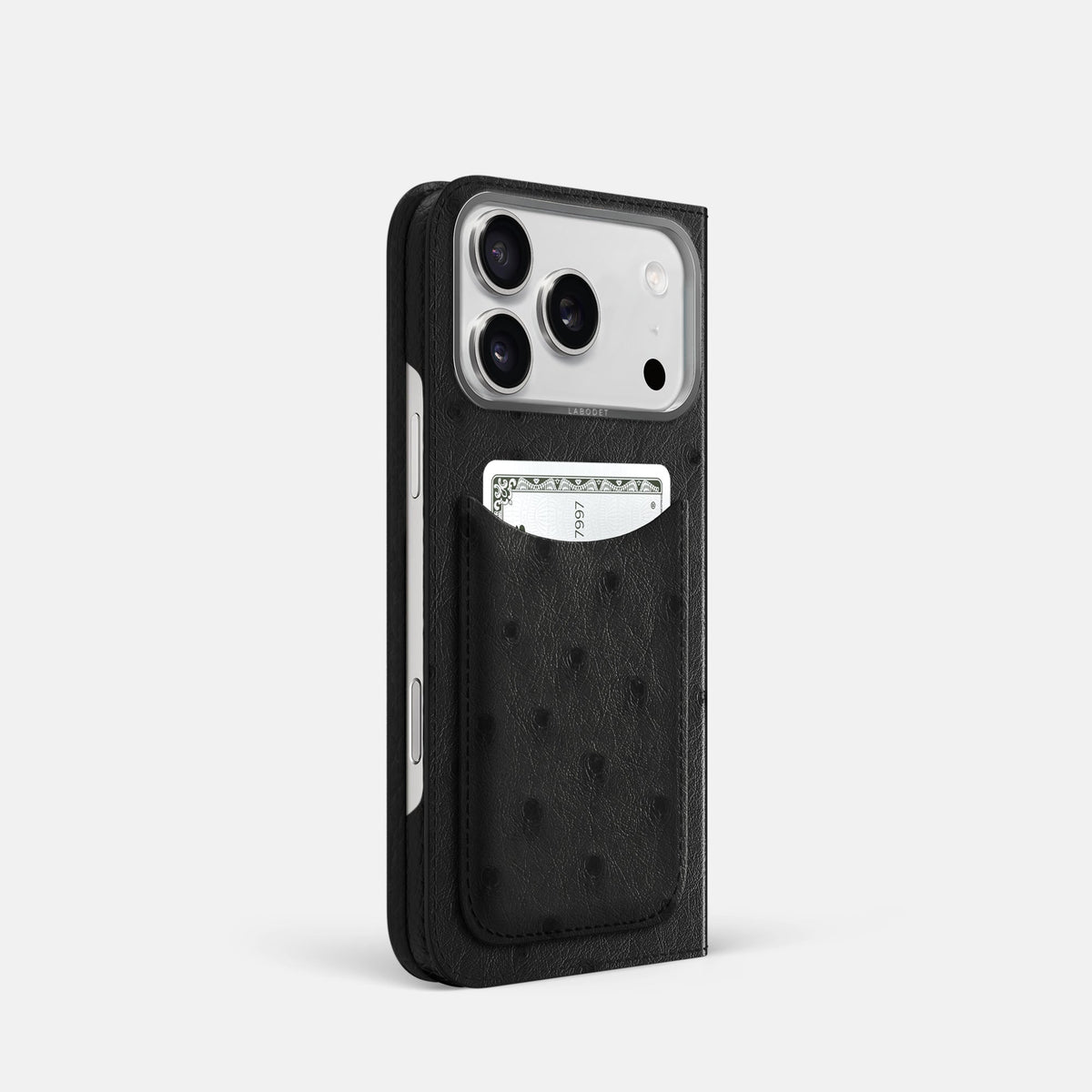 Folio Case with Card For iPhone 18 Pro In Ostrich -1 | Black-Steel