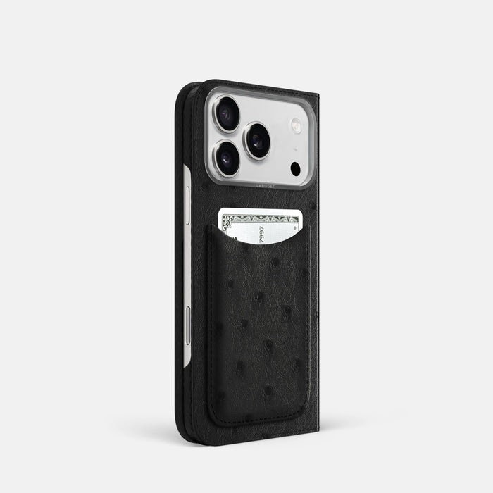Folio Case with Card For iPhone 18 Pro In Ostrich -1 | Black-Steel