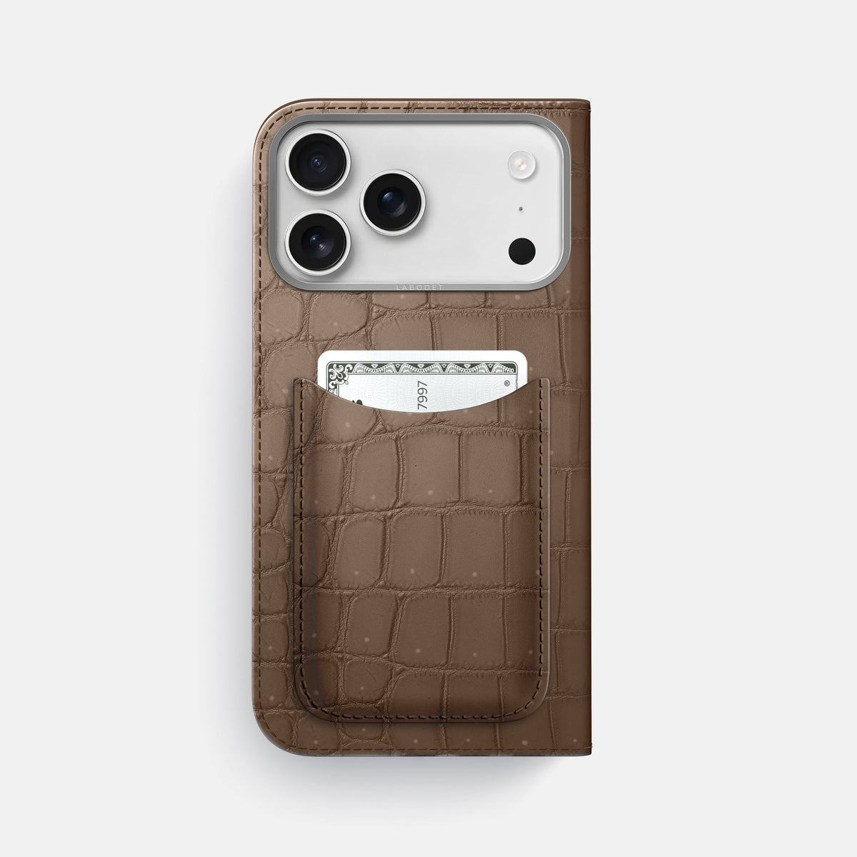 Folio Case with Card For iPhone 18 Pro Max In Porosus Crocodile -3 | Fur-Brown-Steel