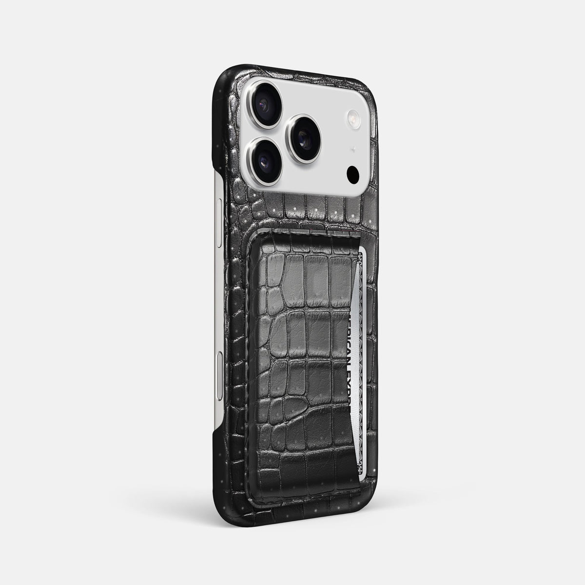 Slim Card Case For iPhone 18 Pro Max In Porosus Crocodile -2 | Shiny-Black