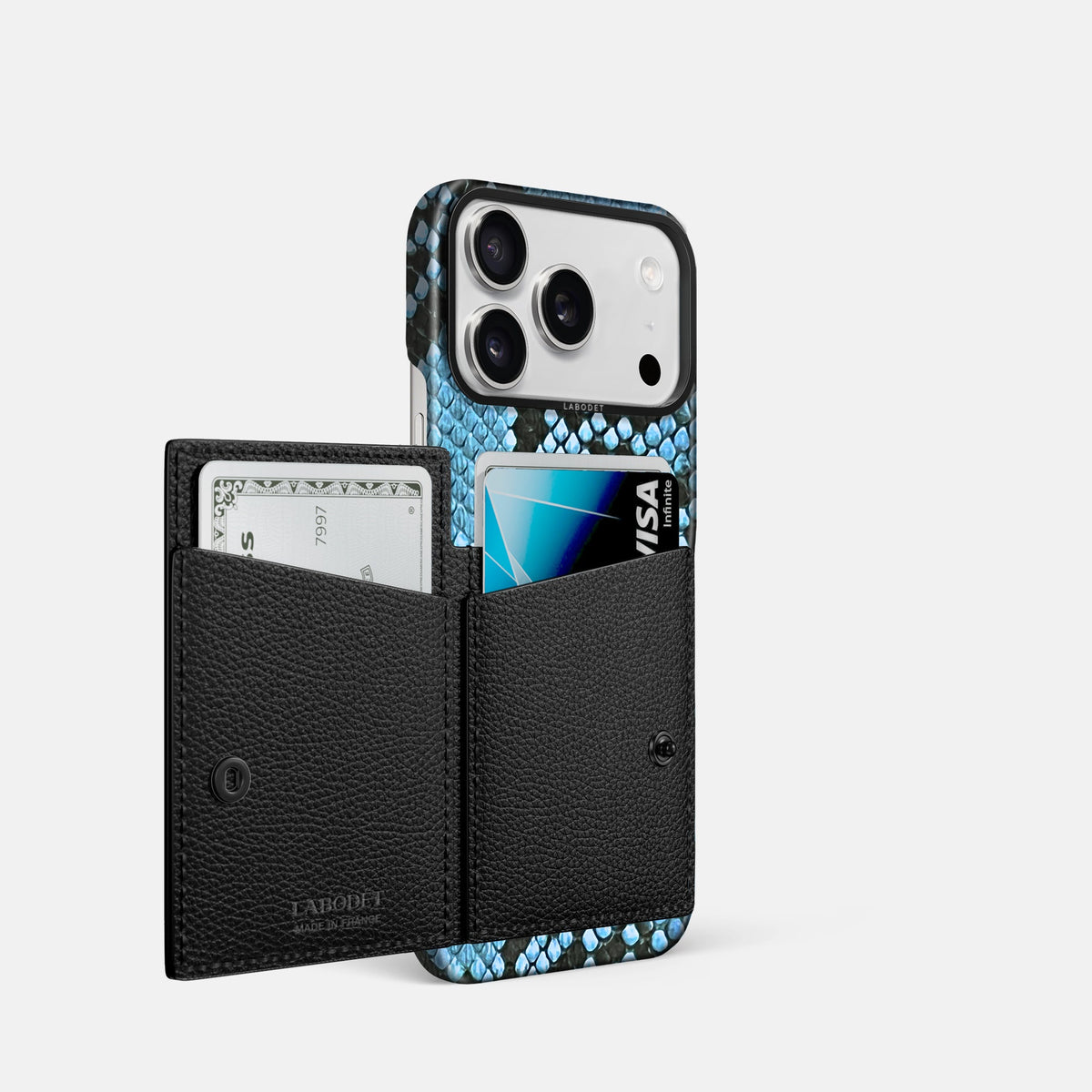 Bi-Fold Case For iPhone 18 Pro In Deluxe Python -2 | Pacific-Blue-Black