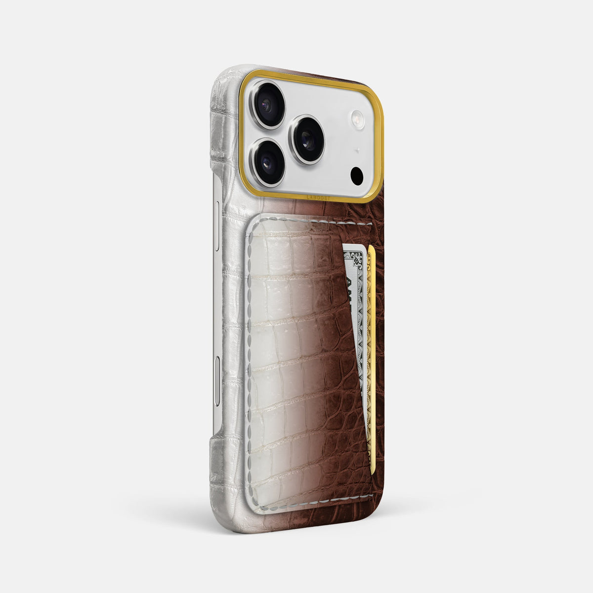 Double Card Case For iPhone 18 Pro Max In Himalayan Crocodile -2 | Dark-Brown-Gold
