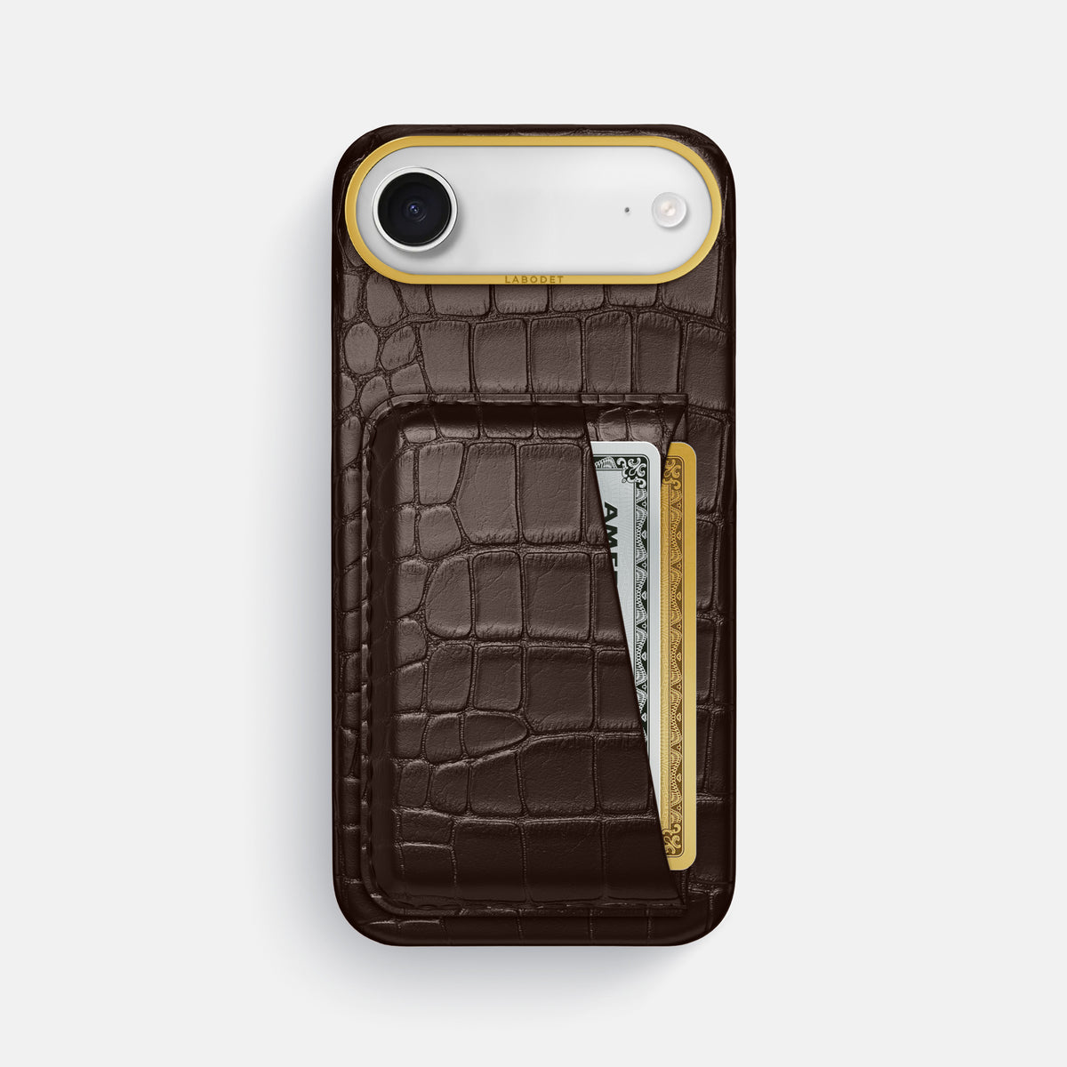 Double Card Case For iPhone 17 Air In Alligator -1 | Dark-Brown-Gold
