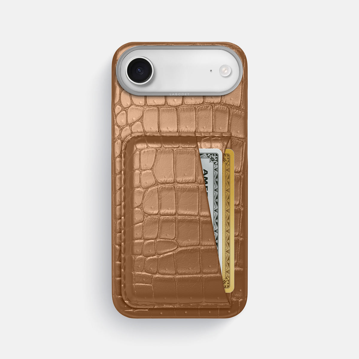 Double Card Case For iPhone 17 Air In Porosus Crocodile -1 | Milk-Chocolate-Steel