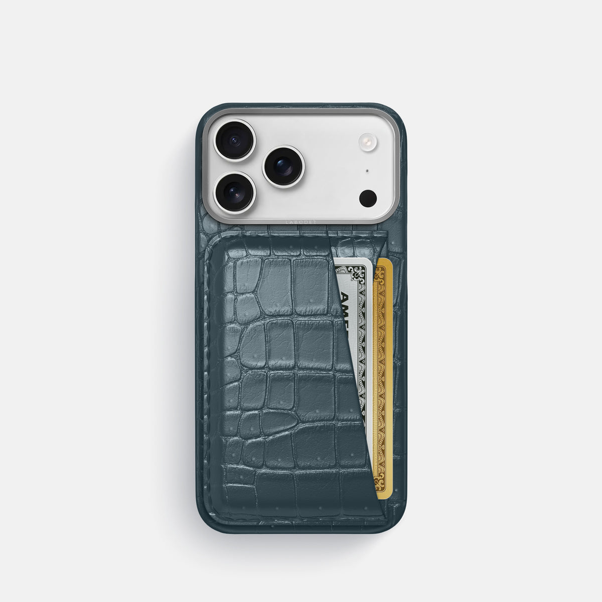 Double Card Case For iPhone 17 Pro In Porosus Crocodile -1 | Denim-Steel
