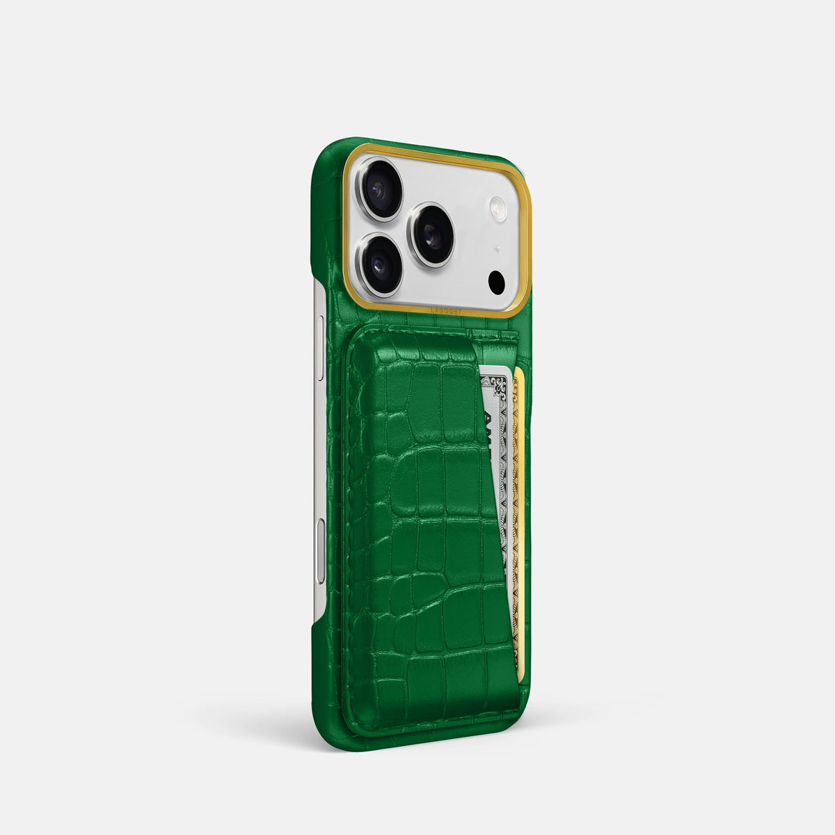 Double Card Case For iPhone 18 Pro In Alligator -2 | Forest-Green-Gold