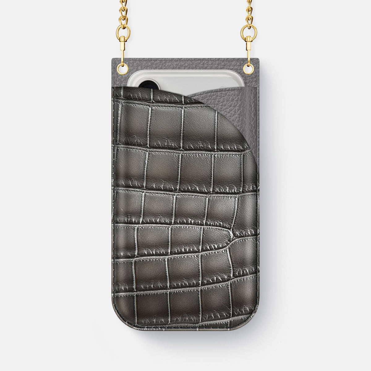 Crossbody Bag For iPhone 18 Pro Max In Patina Alligator -1 | Grey-Gold