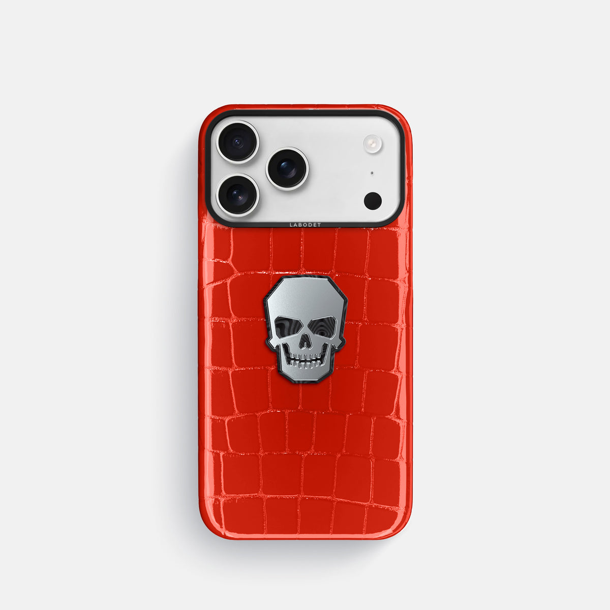 Classic Case With Titanium Skull For iPhone 17 Pro In Shiny Alligator -1 | Coral-Orange-Black