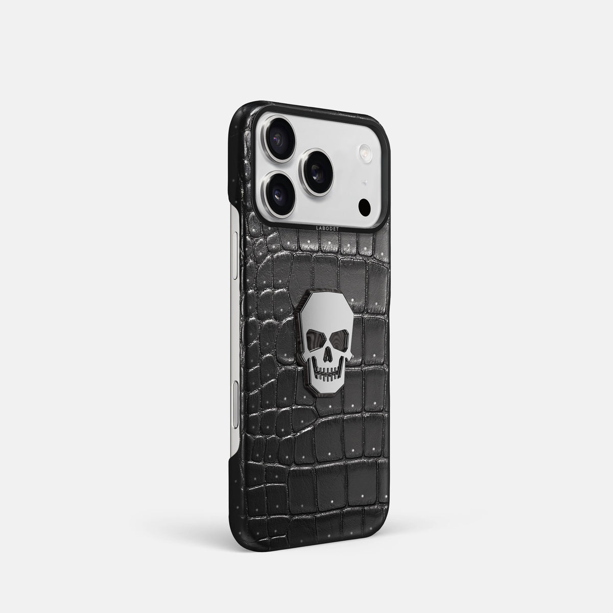Classic Case With Titanium Skull For iPhone 18 Pro In Porosus Crocodile -2 | Shiny-Black-Black