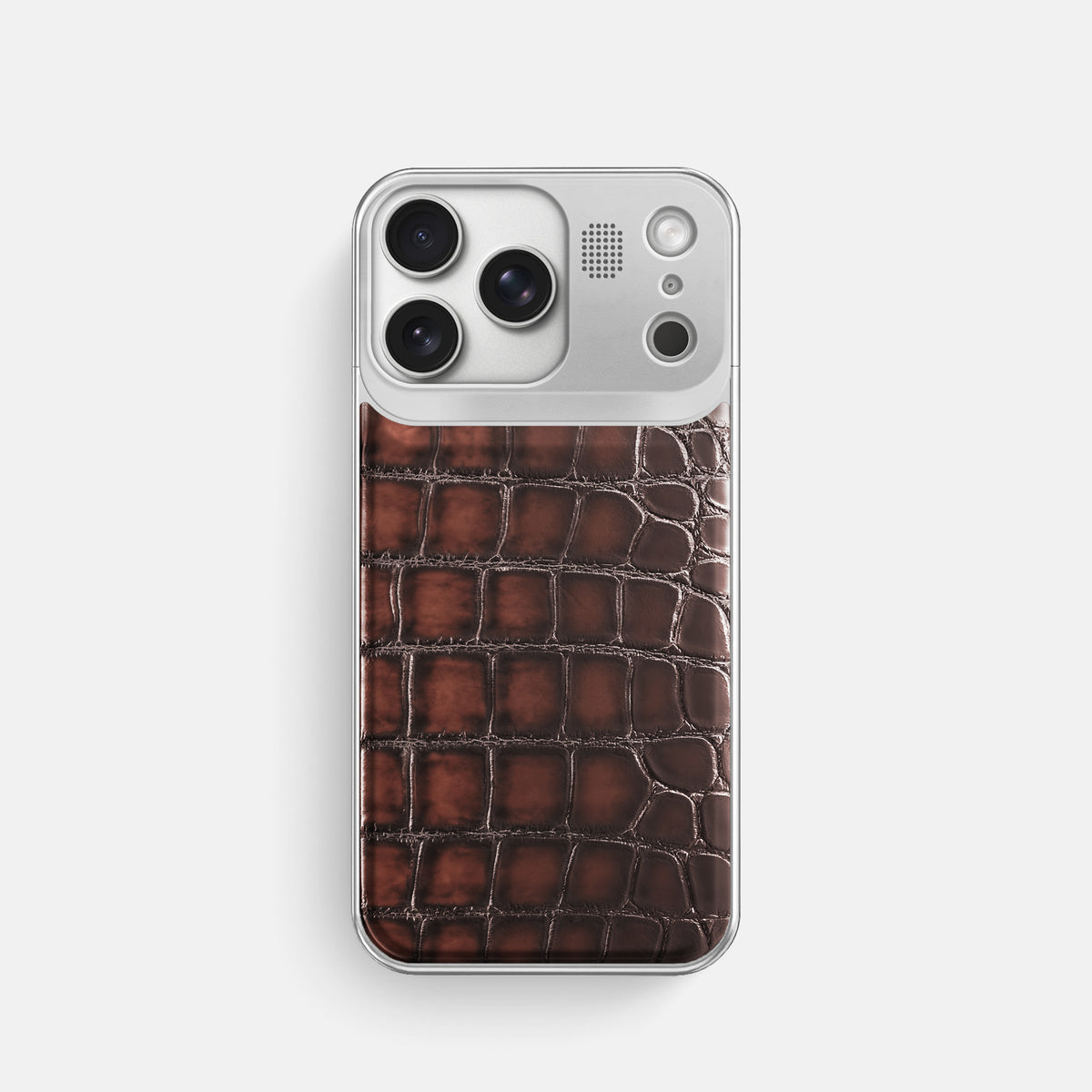 Metal Case For iPhone 17 Pro In Patina Alligator -1 | Havana-Brown-Steel