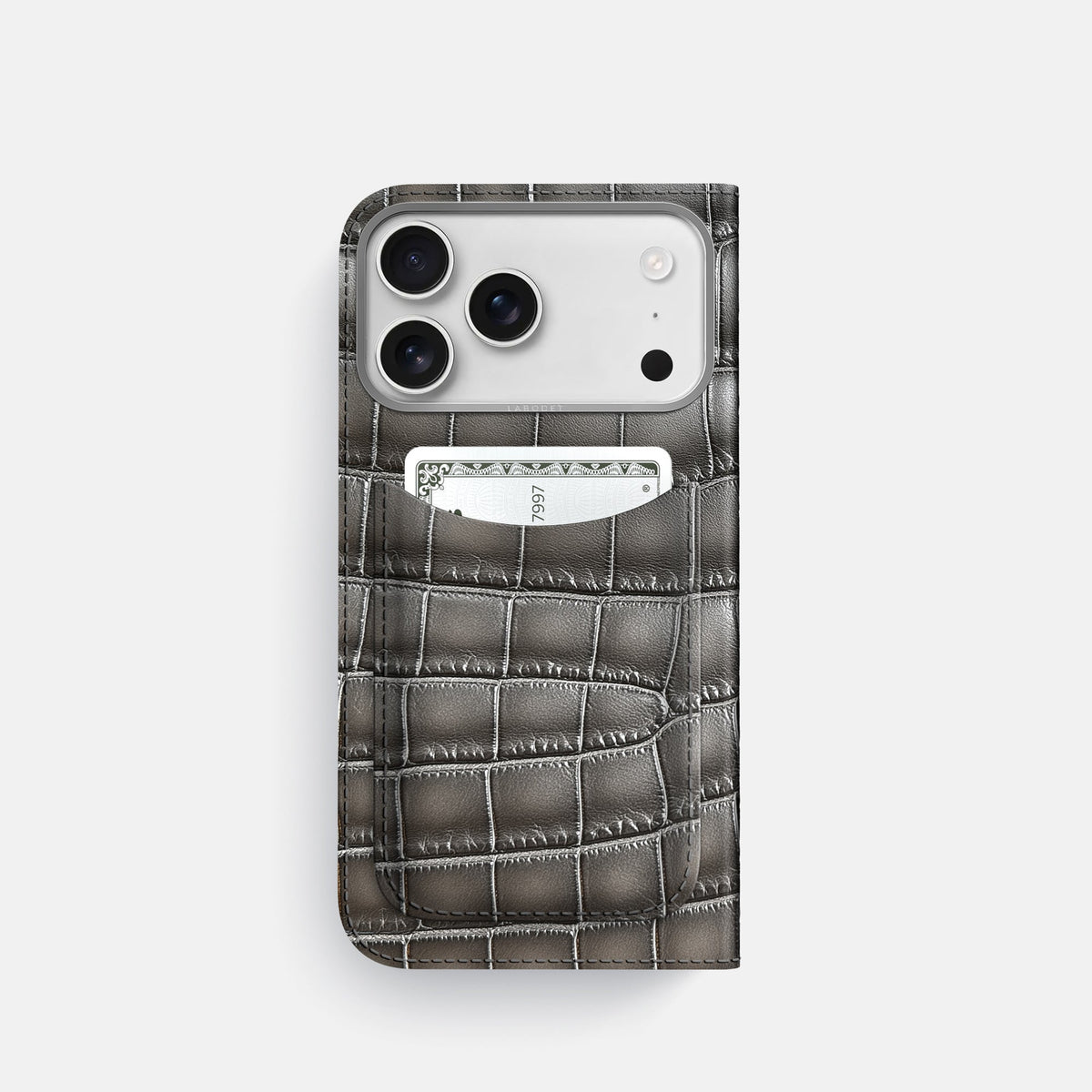 Folio Case with Card For iPhone 18 Pro In Patina Alligator -3 | Grey-Steel