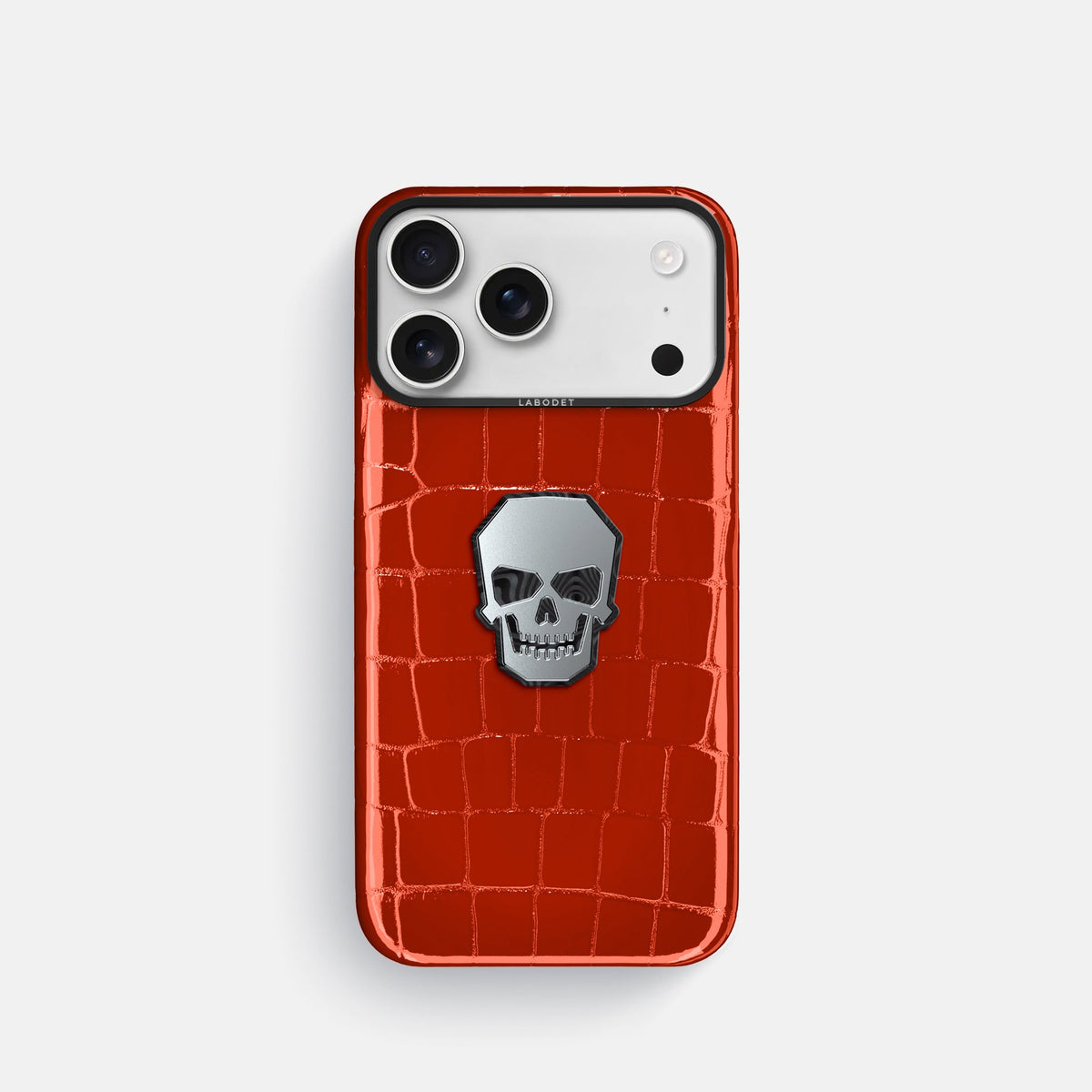Classic Case With Titanium Skull For iPhone 18 Pro In Shiny Alligator -1 | Orange-Black