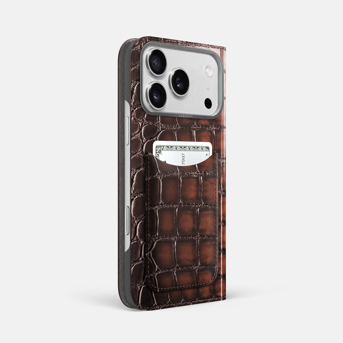 Folio Case with Card For iPhone 18 Pro Max In Patina Alligator -1 | Havana-Brown-Steel