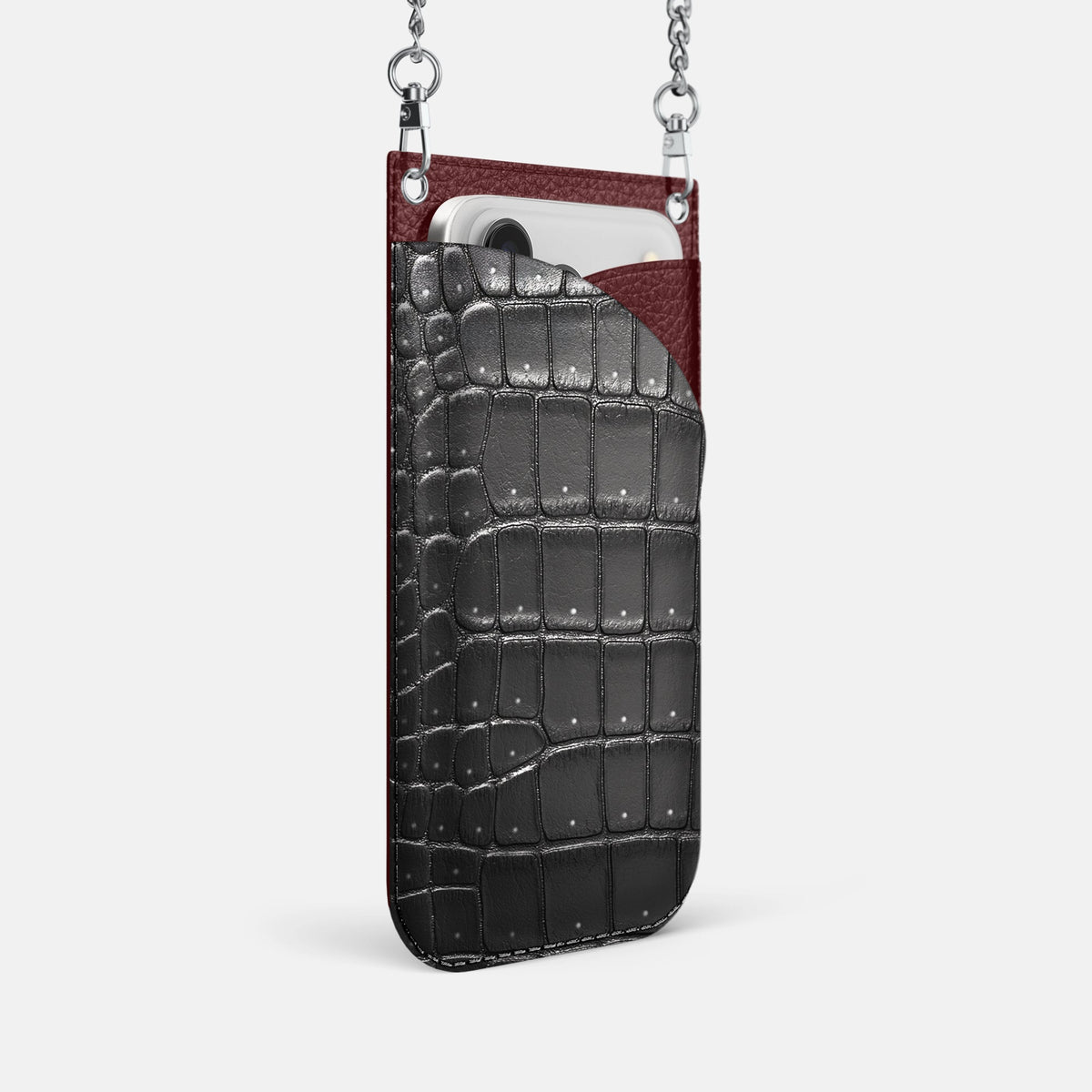 Crossbody Bag For iPhone 18 Pro In Porosus Crocodile -2 | Shiny-Black-Steel