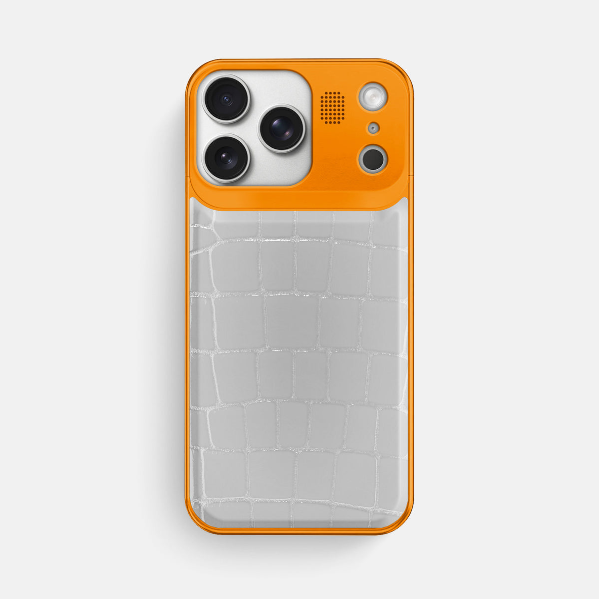 Metal Case For iPhone 17 Pro Max In Shiny Alligator -1 | White-Orange