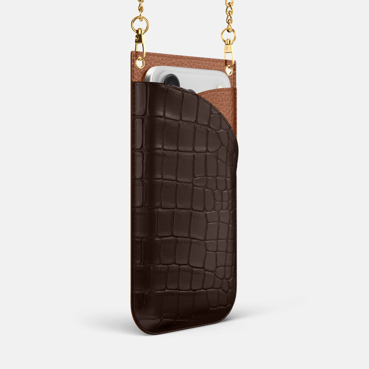 Crossbody Bag For iPhone 17 Pro In Alligator -2 | Dark-Brown-Gold
