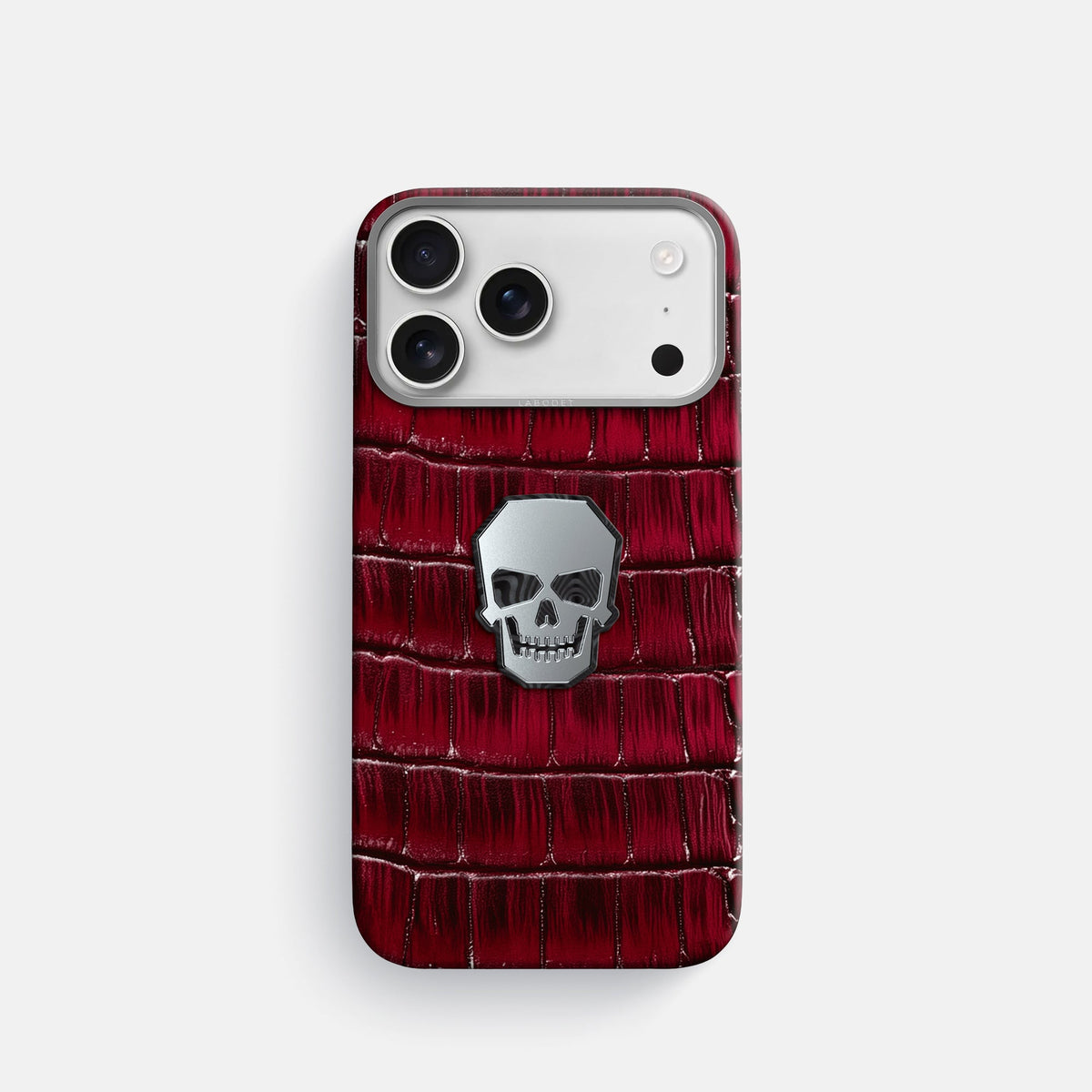 Classic Case With Titanium Skull For iPhone 18 Pro In Patina Alligator -1 | Havana-Burgundy-Steel