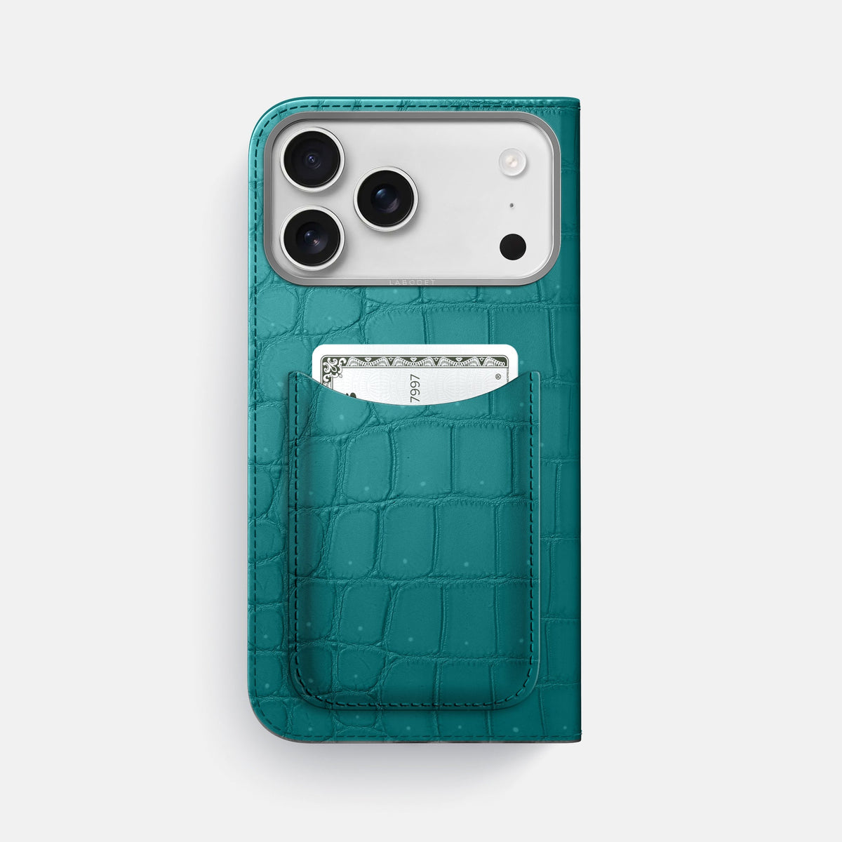 Folio Case with Card For iPhone 18 Pro Max In Porosus Crocodile -3 | Celadon-Steel