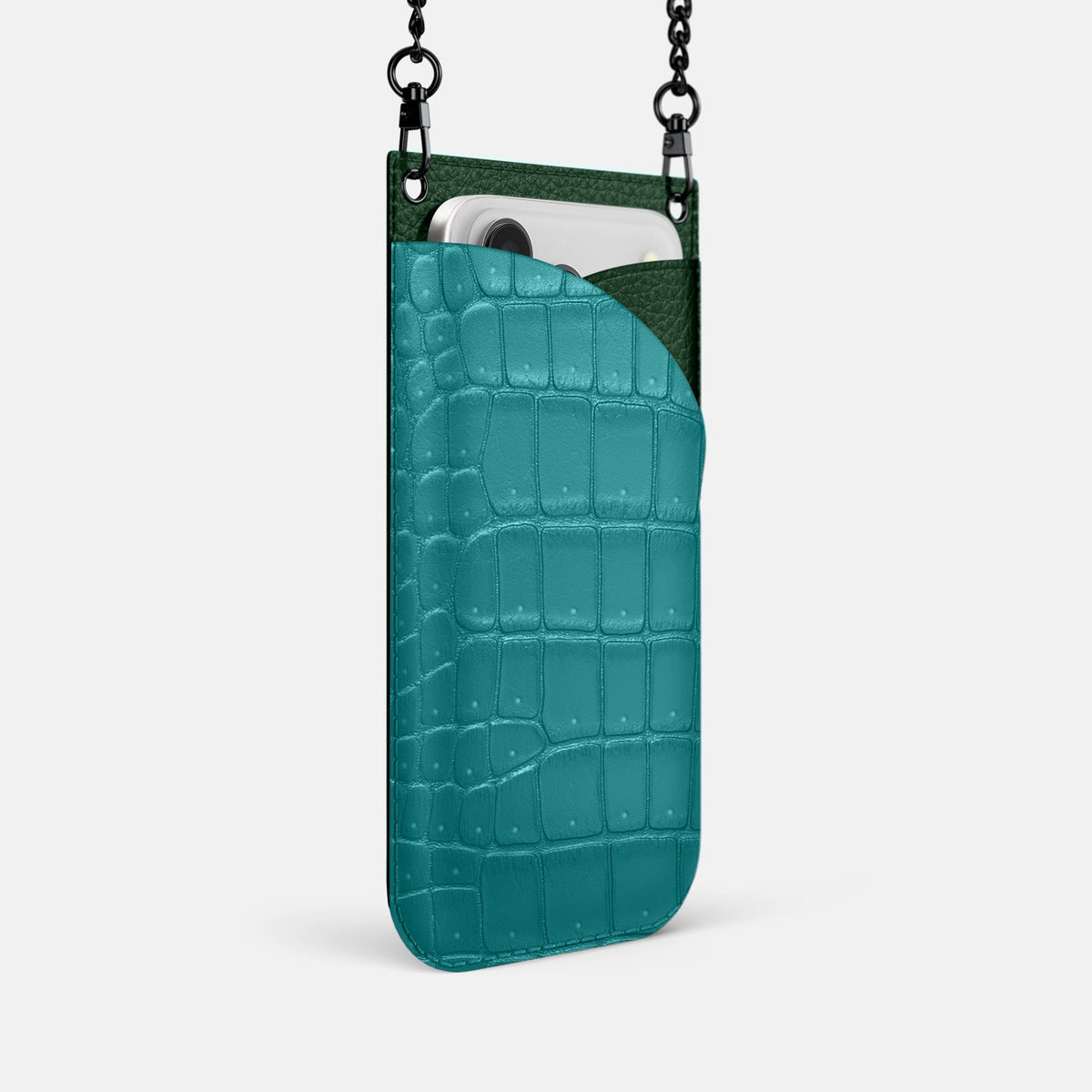 Crossbody Bag For iPhone 18 Pro In Porosus Crocodile -2 | Celadon-Black
