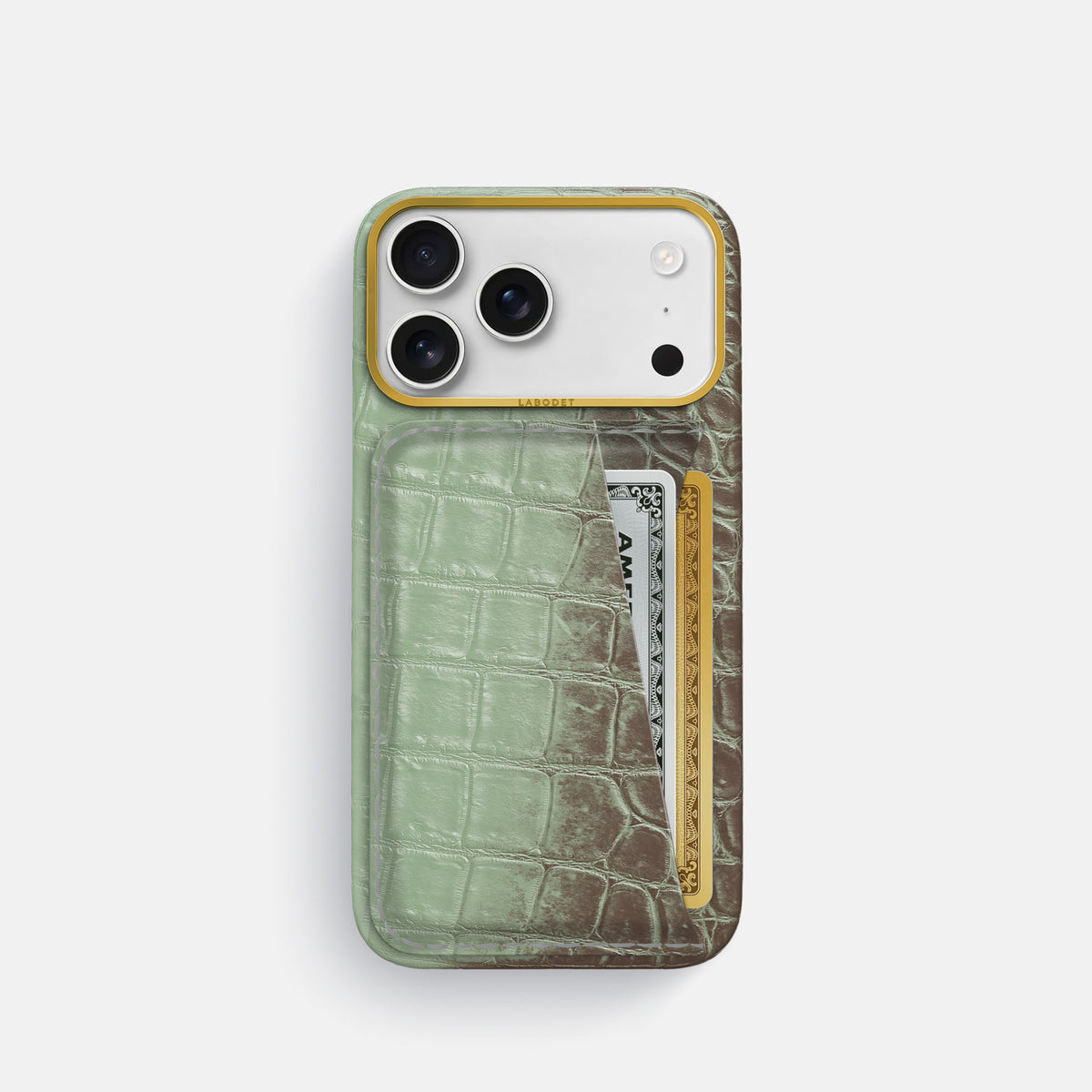 Double Card Case For iPhone 17 Pro In Himalayan Crocodile -1 | Pistachio-Gold