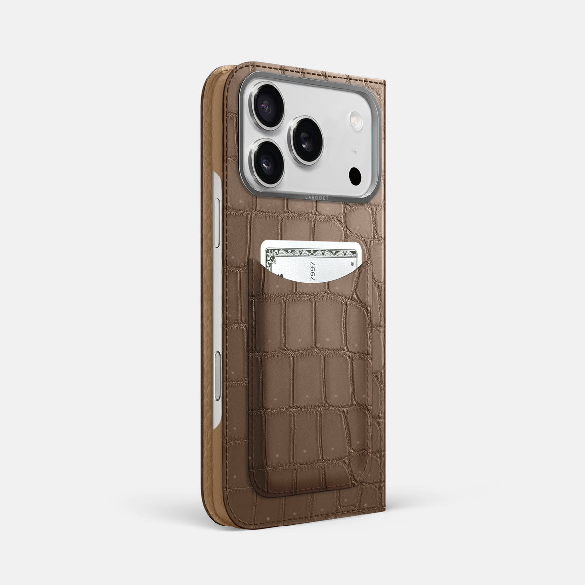 Folio Case with Card For iPhone 17 Pro Max In Porosus Crocodile -1 | Fur-Brown-Steel