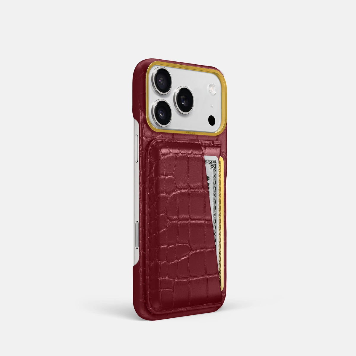 Double Card Case For iPhone 18 Pro In Alligator -2 | Burgundy-Gold