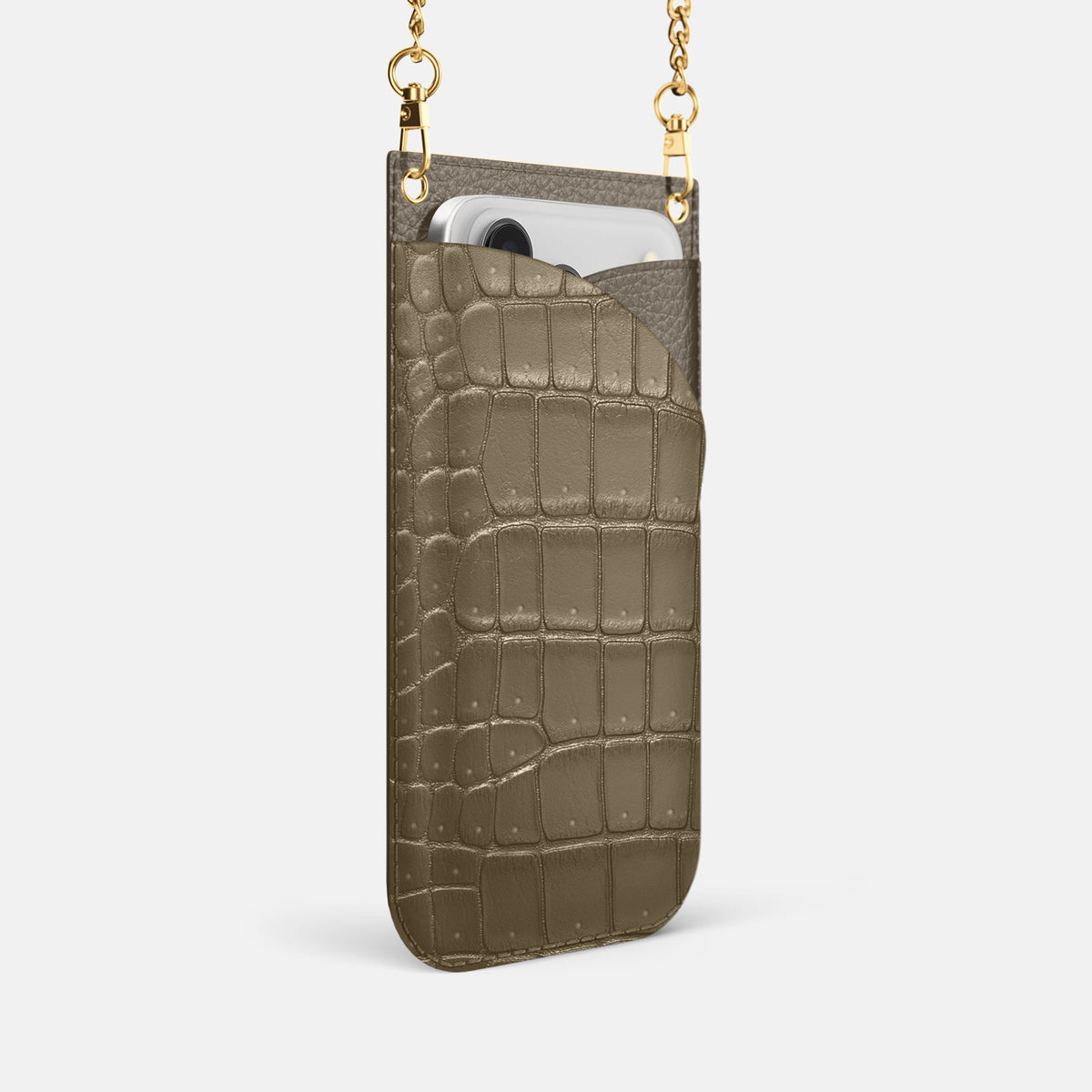 Crossbody Bag For iPhone 18 Pro In Porosus Crocodile -2 | Kaki-Green-Gold