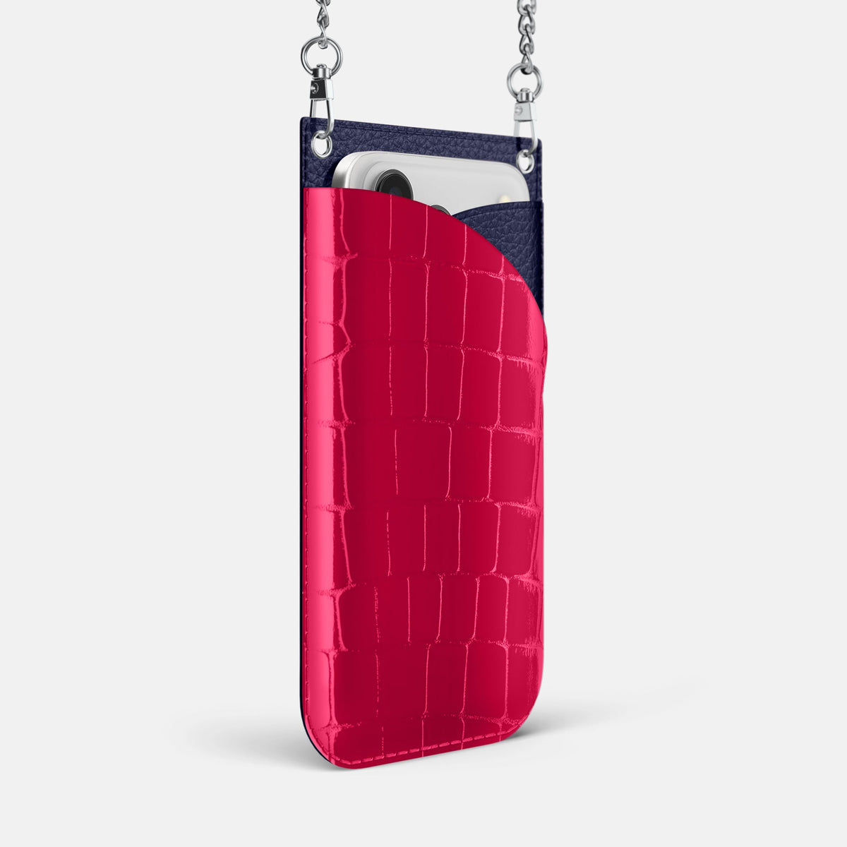 Crossbody Bag For iPhone 18 Pro Max In Shiny Alligator -2 | Pink-Panther-Steel