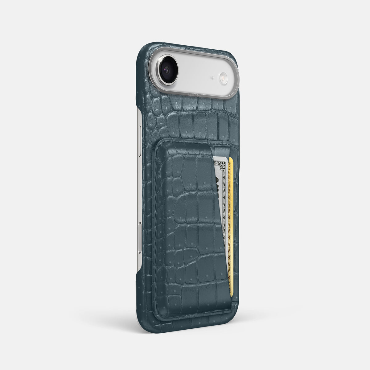 Double Card Case For iPhone 17 Air In Porosus Crocodile -2 | Denim-Steel