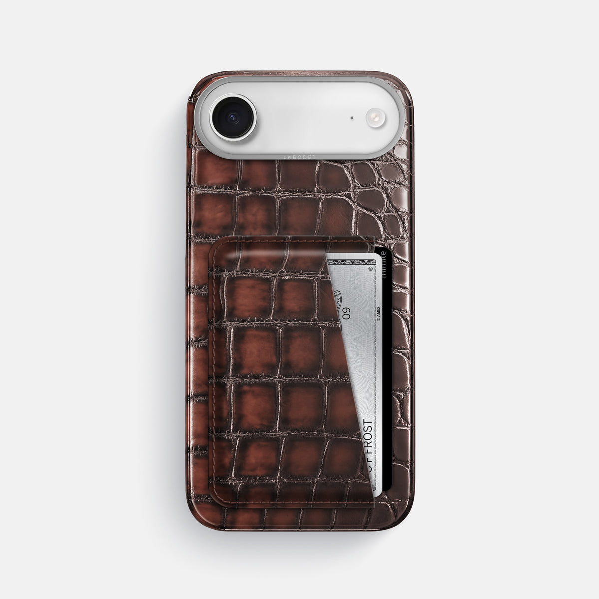 Double Card Case For iPhone 17 Air In Patina Alligator -1 | Havana-Brown-Steel