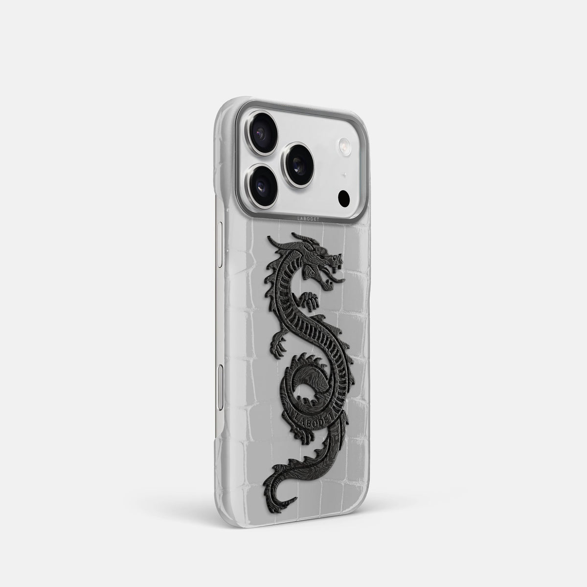 Classic Case With Carbon Dragon For iPhone 18 Pro In Shiny Alligator -2 | White-Steel