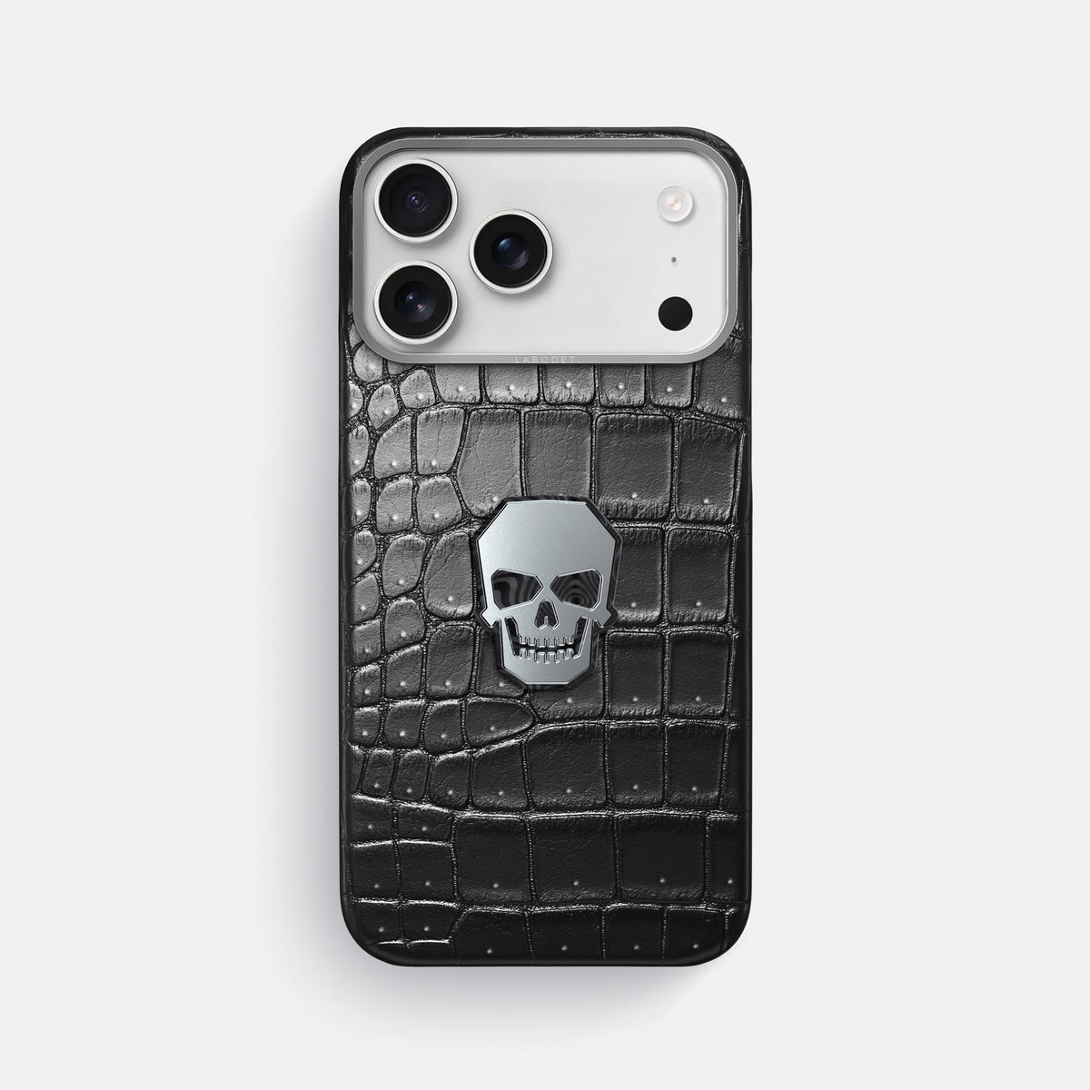 Classic Case With Titanium Skull For iPhone 18 Pro Max In Porosus Crocodile -1 | Shiny-Black-Steel
