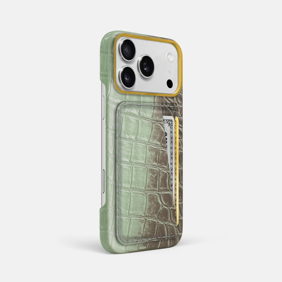 Double Card Case For iPhone 18 Pro Max In Himalayan Crocodile -2 | Pistachio-Gold