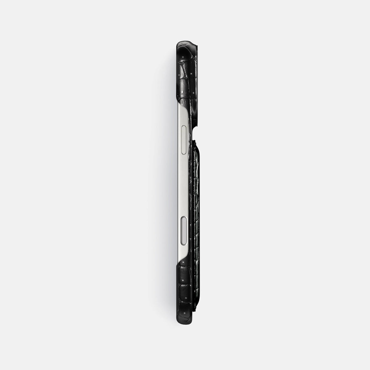 Double Card Case For iPhone 18 Pro Max In Porosus Crocodile -3 | Shiny-Black-Black