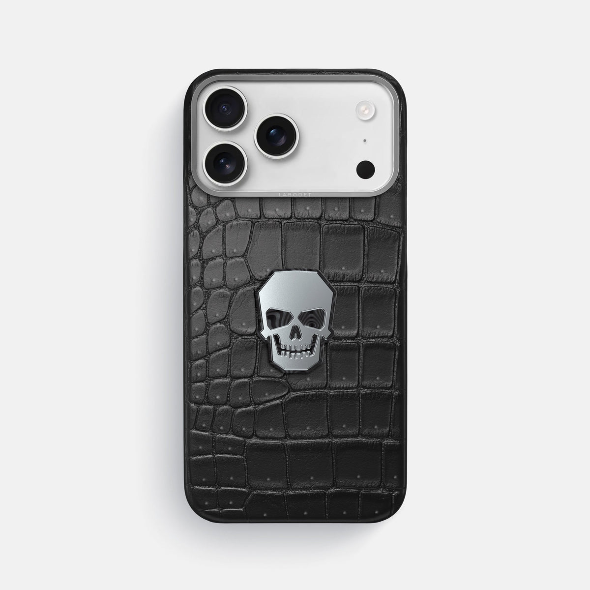 Classic Case With Titanium Skull For iPhone 18 Pro Max In Porosus Crocodile -1 | Black-Steel