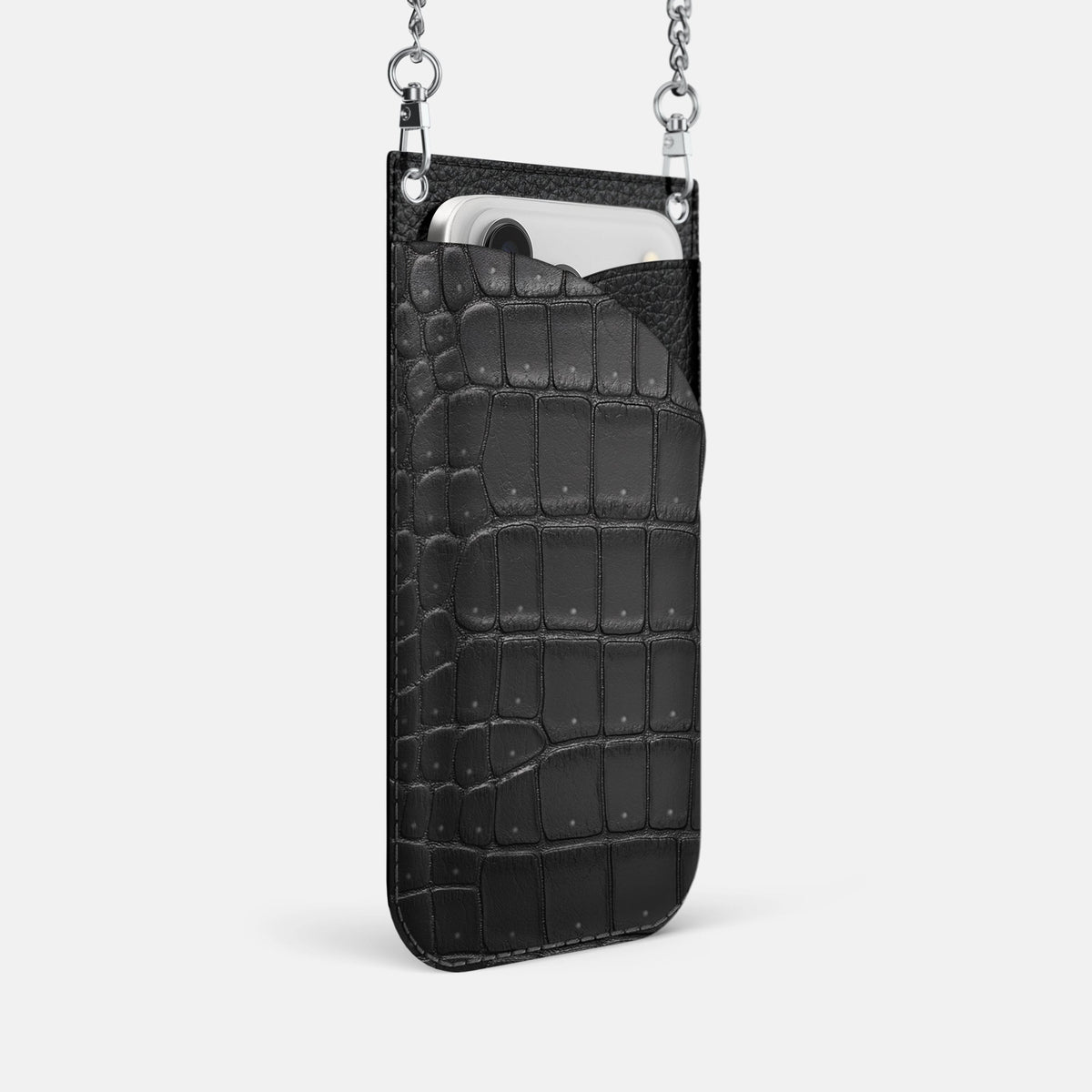 Crossbody Bag For iPhone 18 Pro In Porosus Crocodile -2 | Black-Steel