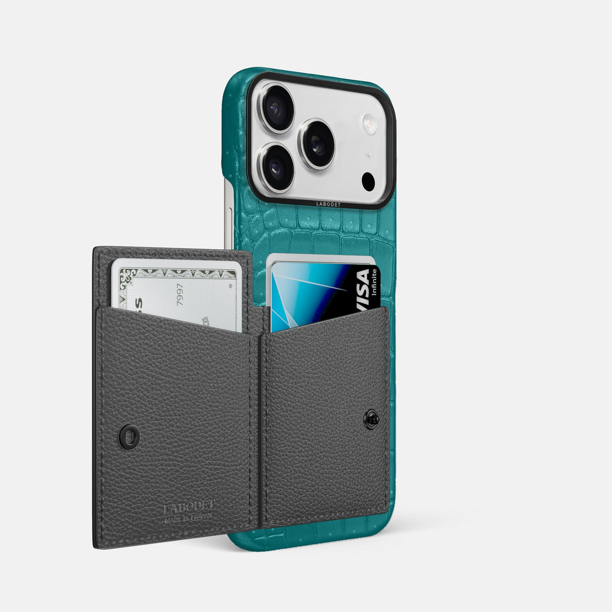 Bi-Fold Case For iPhone 18 Pro Max In Porosus Crocodile -2 | Celadon-Black