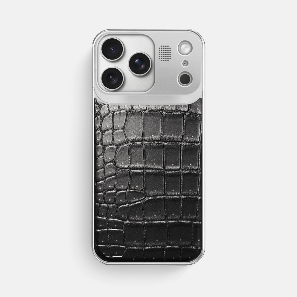 Metal Case For iPhone 17 Pro Max In Porosus Crocodile -1 | Shiny-Black-Steel