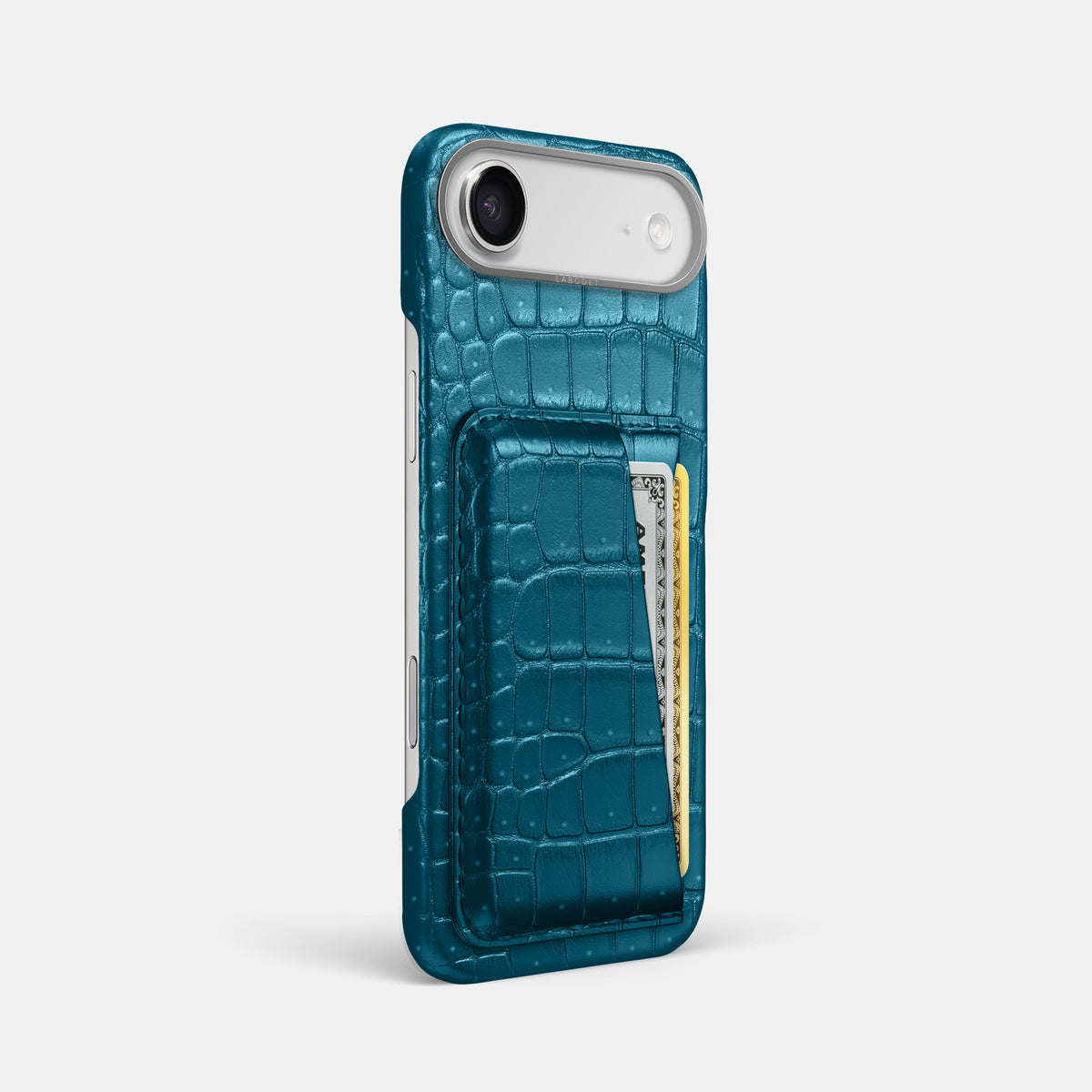 Double Card Case For iPhone 17 Air In Porosus Crocodile -2 | Turquoise-Steel