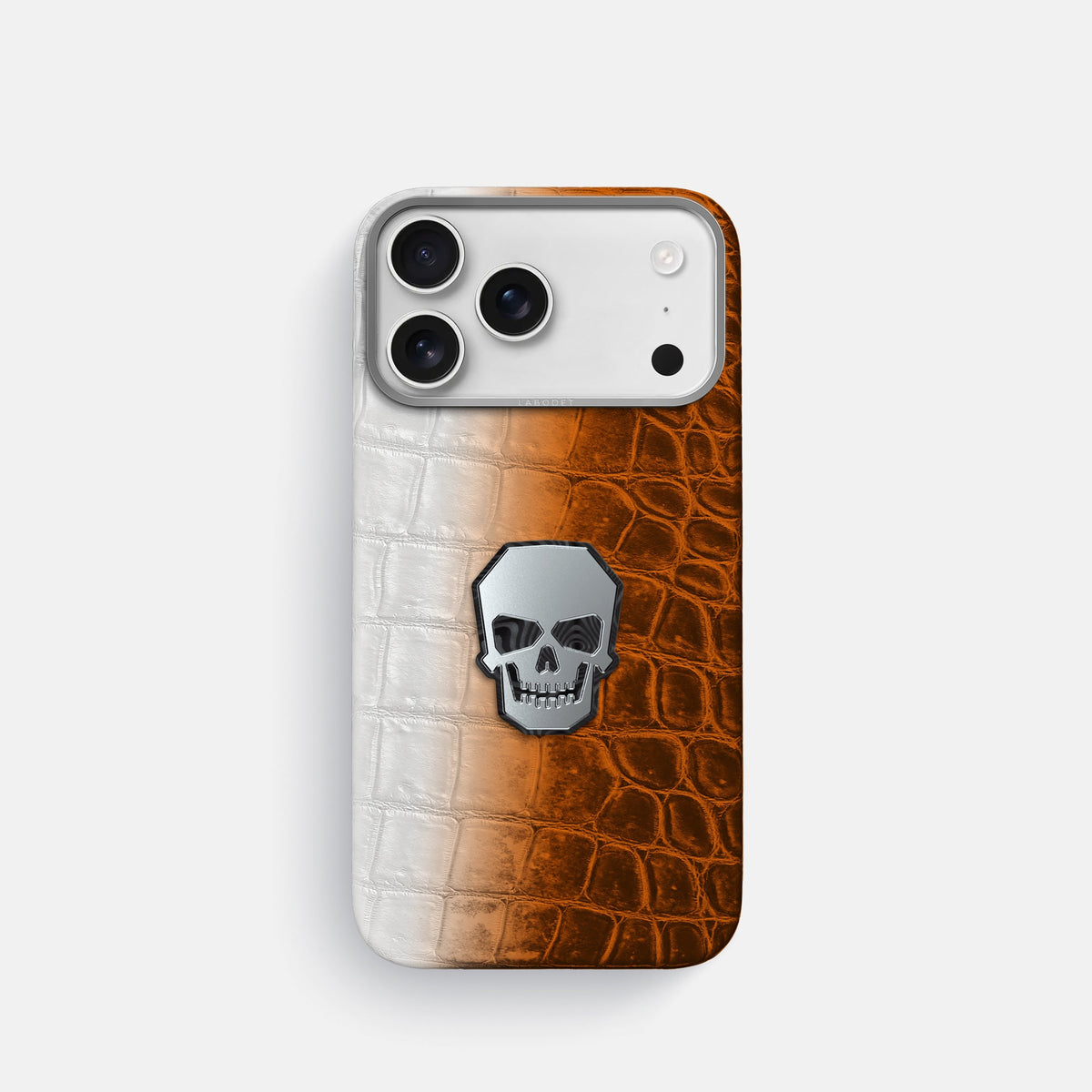 Classic Case With Titanium Skull For iPhone 18 Pro In Himalayan Crocodile -1 | Orange-Steel