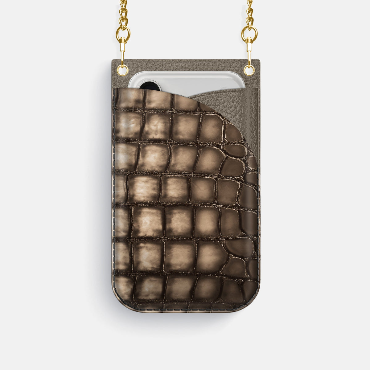 Crossbody Bag For iPhone 18 Pro In Patina Alligator -1 | Etoupe-Gold