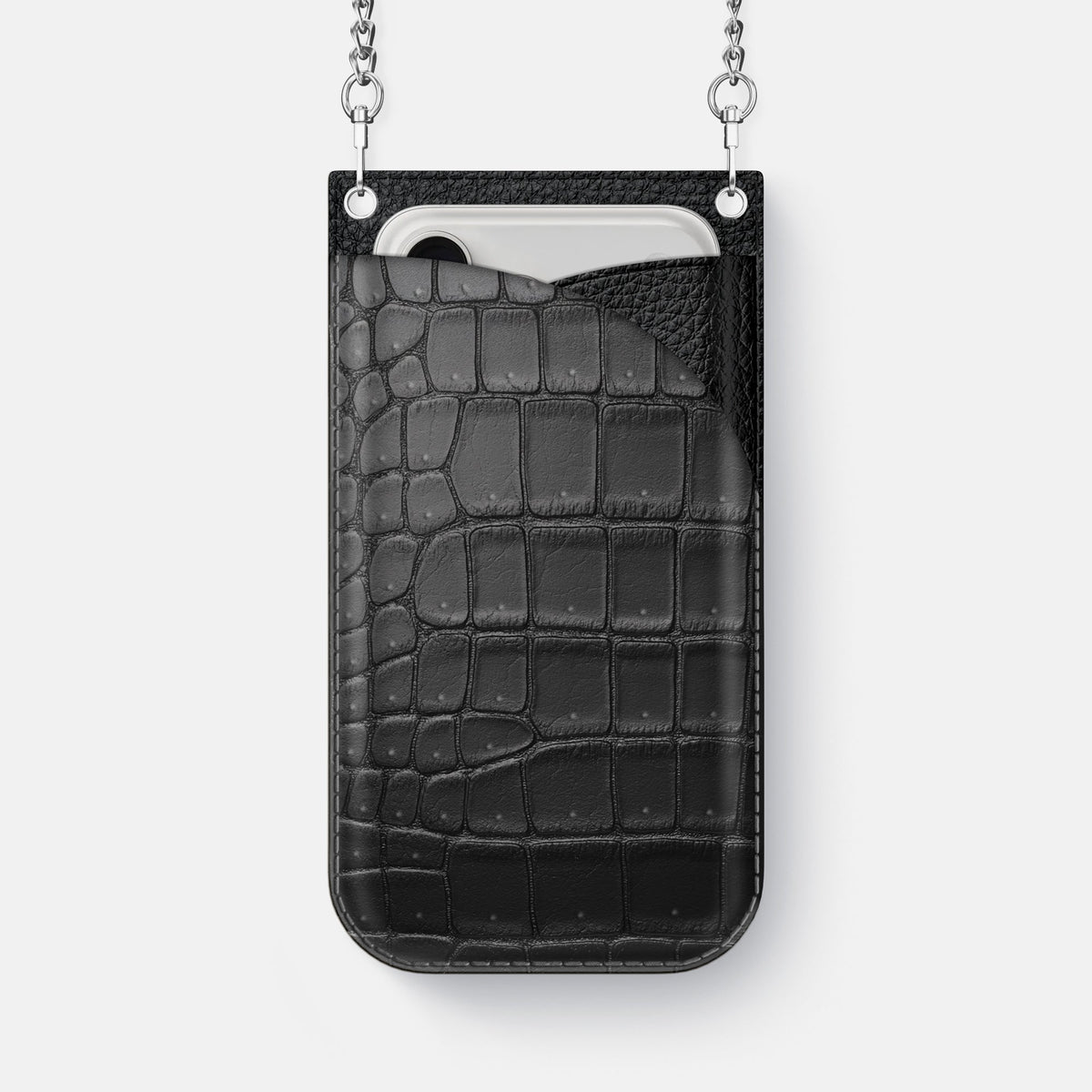 Crossbody Bag For iPhone 18 Pro Max In Porosus Crocodile -1 | Black-Steel